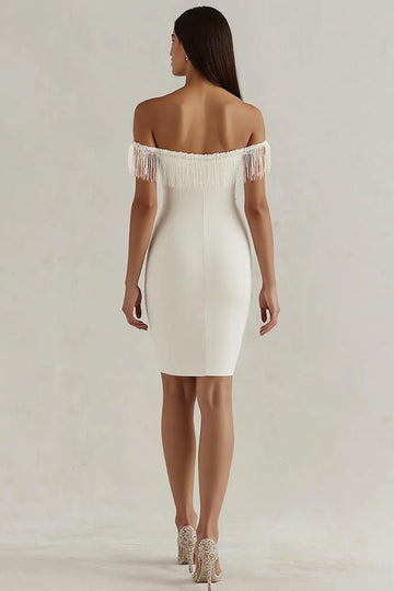 White Sheath Off the Shoulder Graduation Dress with Fringes